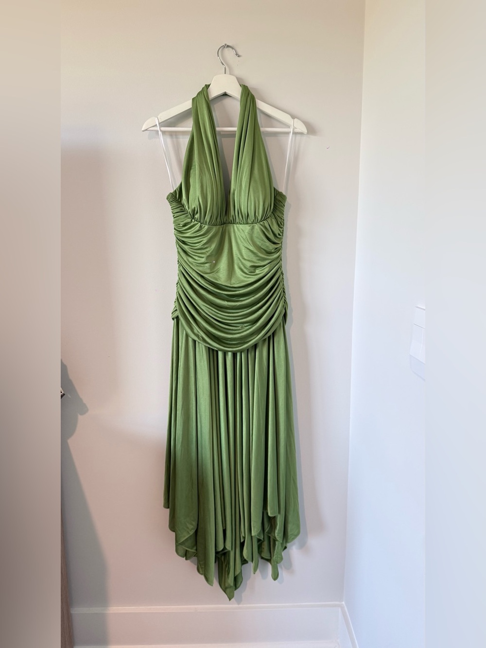 BETSY & ADAM Vintage Green Halter Dress Y2K Stretch Women 10 Sexy Elegant Ruched